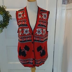 Alfred Dunner Red Knit Vest with Festive Pattern Christmas Scottie Dogs